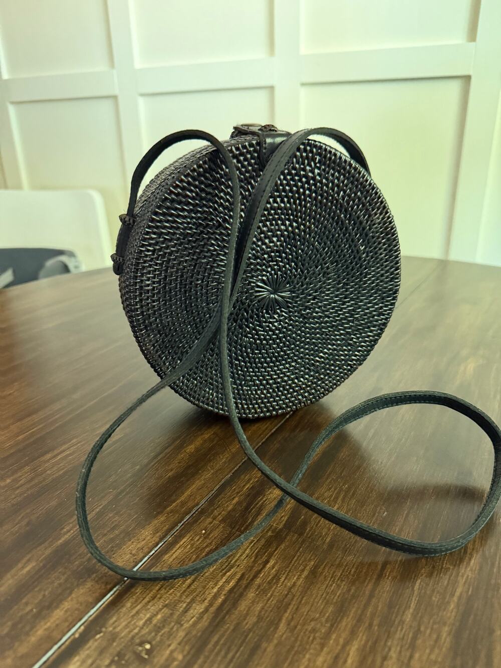 anthropologie beachgold Gili woven palm purse black circle bag leather